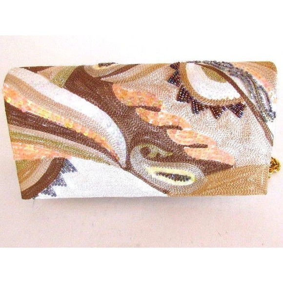 Women'Handbags FRANCHI MULTI COLOR CLUTCH/ GOLD TONE CHAIN SHOULDER STRAP - Picture 9 of 13